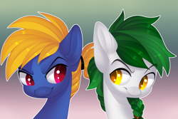 Size: 3000x2000 | Tagged: safe, artist:xvostik, derpibooru import, oc, oc only, oc:meadow skip, oc:slashbuckler, earth pony, pegasus, fanfic:song of seven, braided ponytail, earth pony oc, hair tie, looking at each other, looking at someone, male, pegasus oc, stallion