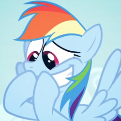 Size: 540x540 | Tagged: safe, derpibooru import, screencap, rainbow dash, pony, 28 pranks later, faic, reaction image, smiling