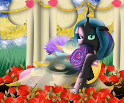 Size: 4500x3761 | Tagged: safe, artist:lincolnbrewsterfan, derpibooru exclusive, derpibooru import, princess cadance, queen chrysalis, changeling, changeling queen, canterlot wedding 10th anniversary, a canterlot wedding, alicorn wings, anniversary, anniversary art, bedroom eyes, canopy, changeling wings, cheeselegs, clothes, cobblestone street, colored eyebrows, commission, coronation, curly hair, curved horn, decoration, disguise, disguised changeling, dress, duality, ears, evil grin, evil smirk, fake cadance, feather, feathered wings, female, floppy ears, flower, former queen chrysalis, garden, gold, gradient hair, gradient hooves, gradient mane, grass, green eyes, grin, hair, heterochromia, hole, horn, insect wings, lidded eyes, lineless, looking at you, loose hair, multicolored hair, multicolored mane, multicolored tail, outdoors, pillar, purple eyes, raised eyebrow, raised hoof, raised leg, red, ribbon, rose, schadenfreude, see-through, see-through skirt, skirt, smiling, smiling at you, snout, staring at you, tail, translucent, transparent, transparent wings, two sides, walkway, wedding, wedding dress, wings