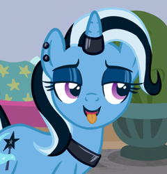 Size: 625x651 | Tagged: safe, artist:anonymous, derpibooru exclusive, derpibooru import, edit, edited edit, edited screencap, screencap, trixie, pony, unicorn, a horse shoe-in, altered cutie mark, bedroom eyes, cropped, dyed mane, dyed tail, ear piercing, eyeshadow, female, goth, horn, horn ring, jewelry, lidded eyes, lipstick, makeup, mare, open mouth, open smile, piercing, ring, smiling, solo, tail, tongue, tongue out