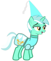 Size: 365x442 | Tagged: safe, artist:darlycatmake, derpibooru import, lyra heartstrings, pony, unicorn, clothes, dress, dressup, happy, hennin, lidded eyes, looking at someone, looking at something, open mouth, princess, simple background, smiling, solo, transparent background