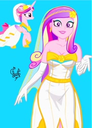 Size: 952x1316 | Tagged: safe, artist:flutteryaylove, derpibooru import, dean cadance, princess cadance, alicorn, pony, canterlot wedding 10th anniversary, a canterlot wedding, equestria girls, g4, season 2, blue background, breasts, clothes, dress, horn, looking at you, show accurate, simple background, smiling, veil, wedding dress, wedding veil, wings