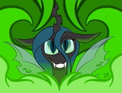 Size: 521x401 | Tagged: safe, artist:feather_bloom, derpibooru import, queen chrysalis, changeling, changeling queen, canterlot wedding 10th anniversary, changeling wings, detailed background, evil grin, fangs, female, fire, green eyes, green fire, grin, insect wings, laughing, old art, smiling, symmetrical, teeth, wings
