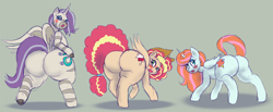 Size: 1500x617 | Tagged: safe, artist:weasselk, derpibooru import, applejack, fleur-de-lis, fluttershy, lightning dust, nurse redheart, pinkie pie, rainbow dash, rarity, sassy saddles, starlight glimmer, sunset shimmer, zecora, oc, oc:princess healing glory, oc:princess mythic majestic, oc:queen motherly morning, alicorn, pony, alicorn oc, alicorn princess, alicorns, blushing, butt, cowboy hat, cutie mark, female, flank, fusion, fusion: princess healing glory, fusion:princess mythic majestic, fusion:queen motherly morning, hairband, hat, horn, huge butt, large butt, looking at you, looking back, mare, plot, stetson, the ass was fat, wide hips, wings