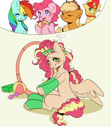 Size: 2628x3000 | Tagged: safe, artist:pledus, derpibooru import, applejack, pinkie pie, rainbow dash, sunset shimmer, oc, oc:queen motherly morning, alicorn, earth pony, pegasus, pony, unicorn, alicorn oc, ball, blushing, clothes, cowboy hat, cutie mark, female, fusion, fusion:queen motherly morning, hat, headband, horn, loop-de-hoop, socks, spread wings, stetson, sweat, thought bubble, weights, wings