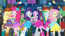 Size: 600x336 | Tagged: safe, derpibooru import, screencap, applejack, curly winds, fluttershy, pinkie pie, rainbow dash, rarity, sandalwood, some blue guy, twilight sparkle, wiz kid, dog, equestria girls, equestria girls (movie), ^^, animated, balloon, bare shoulders, boots, bracelet, clothes, cowboy boots, cowboy hat, eyes closed, female, fingerless gloves, gif, gloves, hairpin, hat, hug, humane five, humane six, jewelry, male, open mouth, open smile, shoes, sleeveless, smiling, spike the dog, strapless, twilight ball dress