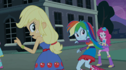 Size: 600x336 | Tagged: safe, derpibooru import, screencap, applejack, fluttershy, pinkie pie, rainbow dash, rarity, equestria girls, equestria girls (movie), animated, bare shoulders, belt, boots, bracelet, canterlot high, clothes, cowboy boots, cute, fall formal outfits, female, fingerless gloves, gif, gloves, jewelry, night, offscreen character, open mouth, shoes, shyabetes, sleeveless, strapless