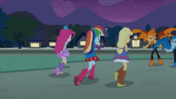 Size: 600x336 | Tagged: safe, derpibooru import, screencap, applejack, fluttershy, pinkie pie, rainbow dash, rarity, snails, snips, twilight sparkle, equestria girls, equestria girls (movie), animated, bare shoulders, boots, bracelet, clothes, cowboy boots, fall formal outfits, female, fingerless gloves, gif, gloves, hairpin, humane five, humane six, jewelry, male, night, shoes, sleeveless, strapless, twilight ball dress