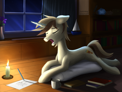 Size: 3000x2250 | Tagged: safe, artist:dash wang, derpibooru import, oc, oc only, oc:cream brun, unicorn, book, bookshelf, candle, cup, drawing, flower, male, sleepy, solo, yawn