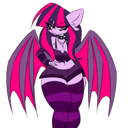 Size: 1280x1280 | Tagged: safe, artist:ladylullabystar, derpibooru import, oc, oc only, oc:kissy missy, anthro, bat pony, clothes, goth, shorts, simple background, socks, solo, stockings, striped socks, thigh highs, transparent background