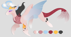 Size: 5511x2880 | Tagged: safe, artist:ryrxian, derpibooru import, oc, oc only, draconequus, pony, draconequus oc, gray background, interspecies offspring, offspring, parent:discord, parent:queen novo, reference sheet, simple background, smiling, solo