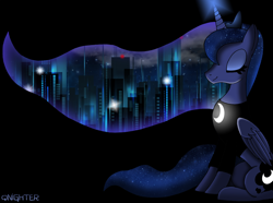 Size: 2650x1974 | Tagged: safe, artist:qnighter, derpibooru import, princess luna, alicorn, building, clothes, cloud, crown, eyes closed, female, glowing horn, horn, jewelry, lights, long sleeves, magic, majestic as fuck, mare, moon, new york city, night, regalia, shirt, sitting, solo, starry mane, stars