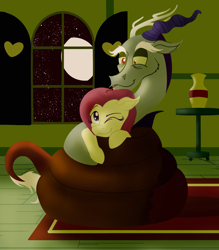 Size: 2100x2400 | Tagged: safe, artist:sixes&sevens, derpibooru import, discord, fluttershy, draconequus, pegasus, pony, carpet, coiling, coils, cuddling, discoshy, duo, duo male and female, female, fluttershy's cottage, forked tongue, high res, male, moon, night, one eye closed, shipping, smiling, snake hug, snuggling, stars, straight, tongue, tongue out, vase