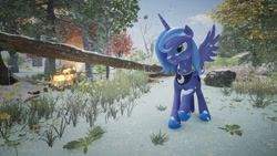 Size: 1280x720 | Tagged: safe, artist:fantom.ent, derpibooru import, princess luna, alicorn, pony, 3d, forest, frost, grass, photo, s1 luna, snow, snowfall, solo, tree, unreal engine