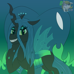 Size: 1215x1200 | Tagged: safe, artist:gray star, derpibooru import, queen chrysalis, changeling, changeling queen, canterlot wedding 10th anniversary, female, fire, grin, heart, smiling