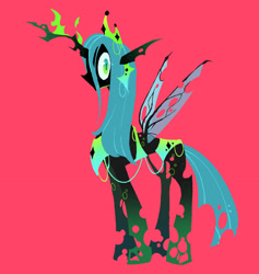 Size: 1280x1349 | Tagged: safe, artist:royalretribution, derpibooru import, queen chrysalis, changeling, changeling queen, canterlot wedding 10th anniversary, colored, cutout, female, flat colors, horn, lineless, looking at you, needs more saturation, red background, redesign, side view, simple background, spread wings, staring at you, tail, wings