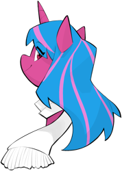 Size: 1015x1426 | Tagged: safe, artist:dar, derpibooru import, oc, oc only, oc:echo shade, unicorn, fanfic:song of seven, blue mane, clothes, horn, looking at you, over the shoulder, scarf, simple background, striped mane, transparent background, two toned mane, unicorn oc