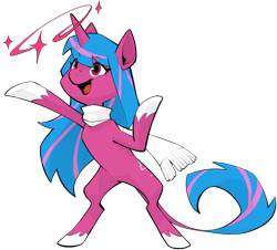 Size: 1769x1602 | Tagged: safe, artist:dar, derpibooru import, oc, oc only, oc:echo shade, unicorn, fanfic:song of seven, bipedal, clothes, horn, leonine tail, magic, performance, scarf, simple background, smiling, sparkles, tail, transparent background, unicorn oc