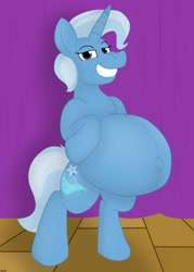 Size: 1536x2150 | Tagged: safe, artist:theimmortalwolf, derpibooru import, trixie, pony, unicorn, belly, belly button, big belly, bipedal, grin, outie belly button, pregnant, pregxie, smiling