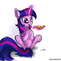 Size: 2048x2048 | Tagged: safe, artist:exploretheweb, derpibooru import, twilight sparkle, twilight sparkle (alicorn), alicorn, pony, chest fluff, cute, eyes on the prize, female, food, glowing, glowing horn, horn, levitation, magic, mare, meat, open mouth, open smile, pepperoni, pepperoni pizza, pizza, simple background, sitting, smiling, solo, telekinesis, underhoof, white background