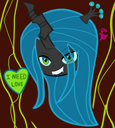 Size: 2184x2427 | Tagged: safe, artist:flutteryaylove, derpibooru import, queen chrysalis, canterlot wedding 10th anniversary, brown background, crown, drawing, female, heart, horn, jewelry, regalia, simple background, smiling, text