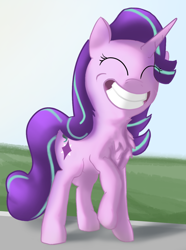 Size: 1090x1465 | Tagged: safe, artist:exploretheweb, derpibooru import, starlight glimmer, pony, unicorn, memnagerie, spoiler:memnagerie, eyes closed, female, grin, scene interpretation, smiling, solo