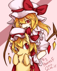 Size: 701x871 | Tagged: safe, artist:妖魔鬼怪, derpibooru import, bat pony, pony, undead, vampire, crossover, cute, duality, female, filly, flandre scarlet, foal, ponified, self paradox, self ponidox, touhou
