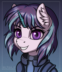 Size: 2000x2330 | Tagged: safe, artist:eltaile, derpibooru import, starlight glimmer, pony, unicorn, alternate hairstyle, bust, clothes, cosplay, costume, crossover, cyberpunk, ear fluff, ears, female, ghost in the shell, grin, looking at you, mare, motoko kusanagi, portrait, simple background, smiling, smiling at you, solo