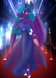 Size: 900x1250 | Tagged: safe, artist:darkdreamingblossom, derpibooru import, oc, oc only, oc:flutternight, alicorn, anthro, unguligrade anthro, alicorn oc, clothes, dress, female, horn, solo, wings