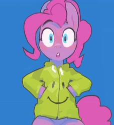 Size: 3724x4096 | Tagged: safe, artist:baigak, derpibooru import, pinkie pie, earth pony, pony, blue background, clothes, female, jacket, looking at you, mare, simple background, solo