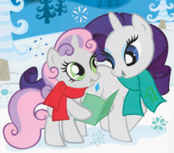 Size: 361x317 | Tagged: safe, derpibooru import, rarity, sweetie belle, pony, unicorn, g4, bipedal, book, caroling, christmas, clothes, duo, duo female, female, holiday, official, scarf, snow, snowflake, winter