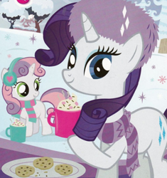 Size: 443x472 | Tagged: safe, derpibooru import, rarity, sweetie belle, g4, chocolate, clothes, cookie, cup, duo, duo female, earmuffs, female, food, fur hat, hat, holding, hot chocolate, official, outdoors, scarf, siblings, sisters, snow, snowflake, striped scarf, winter, winter outfit