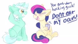 Size: 3840x2160 | Tagged: safe, artist:littleblackraencloud, derpibooru import, bon bon, lyra heartstrings, sweetie drops, earth pony, pony, unicorn, angry, arm behind head, bon bon is not amused, cute, duo, expensive imported oats, eyes closed, food, grin, l.u.l.s., madorable, oats, simple background, smiling, unamused, white background