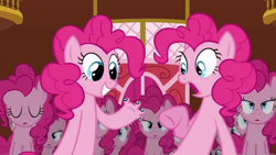 Size: 1280x720 | Tagged: safe, artist:anonymous, derpibooru import, edit, edited screencap, screencap, pinkie pie, earth pony, pony, too many pinkie pies, among us, cartoon physics, clone, eyes closed, female, fingers, hand, lidded eyes, mare, multeity, pinkie being pinkie, pinkie clone, pinkie physics, shocked, shocked expression, sitting, smiling, suddenly hands, sus (among us)