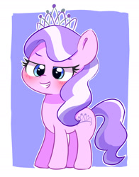 Size: 1884x2404 | Tagged: safe, artist:leo19969525, derpibooru import, diamond tiara, earth pony, pony, blue eyes, blushing, crown, cutie mark, hair, jewelry, looking at you, regalia, simple background, smiling, smiling at you, solo, tail