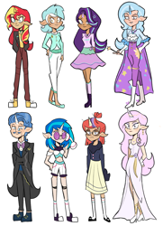 Size: 3633x5016 | Tagged: safe, artist:charrlll, derpibooru import, dj pon-3, fancypants, fleur-de-lis, lyra heartstrings, moondancer, starlight glimmer, sunset shimmer, trixie, vinyl scratch, human, belly button, boots, bowtie, cape, choker, clothes, coat, converse, dress, ear piercing, earring, elf ears, evening gloves, eyeshadow, facial hair, female, flats, glasses, gloves, headphones, high heel boots, high heels, horn, horned humanization, humanized, jacket, jeans, jewelry, leather jacket, long gloves, magic wand, makeup, male, midriff, monocle, moustache, necklace, pants, piercing, shirt, shoes, shorts, simple background, skirt, socks, stockings, suit, sweater, t-shirt, thigh highs, trixie's cape, vinyl's glasses, wand, white background