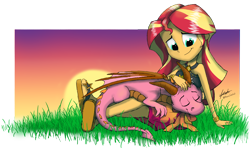 Size: 6500x4000 | Tagged: safe, artist:praisecastiel, derpibooru import, sunset shimmer, oc, oc:twilight genesis, dragon, equestria girls, bare shoulders, duo, female, grass, partial background, sleeveless