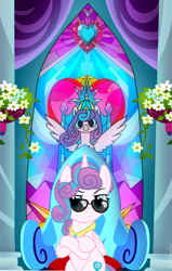 Size: 2599x4096 | Tagged: safe, artist:gaiusmaximiliano, derpibooru import, princess flurry heart, alicorn, crossed hooves, cute, flurrybetes, jewelry, necklace, older, older flurry heart, sitting, stained glass, sunglasses, throne