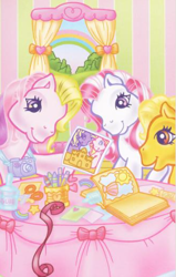 Size: 295x465 | Tagged: safe, derpibooru import, butterscotch, fluttershy, fluttershy (g3), star swirl, earth pony, pony, g3, craft, cute, official, rule 63, shyabetes, table, trio