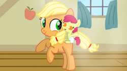 Size: 1280x720 | Tagged: safe, artist:mlplary6, derpibooru import, apple bloom, applejack, earth pony, pony, adorabloom, baby, baby apple bloom, cute, female, filly, filly applejack, foal, happy, jackabetes, siblings, sisters, smiling, younger