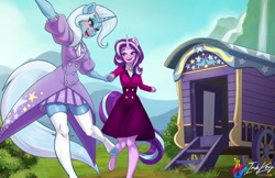 Size: 1224x792 | Tagged: safe, artist:inkkeystudios, derpibooru import, starlight glimmer, trixie, anthro, unguligrade anthro, unicorn, blouse, blushing, clothes, coat, female, headmare starlight, holding hands, lesbian, mare, outdoors, shipping, skirt, socks, startrix, thigh highs, trixie's wagon, wagon