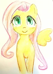 Size: 808x1132 | Tagged: safe, artist:fipoki, derpibooru import, fluttershy, pegasus, pony, cute, female, full face view, looking at you, mare, one wing out, shyabetes, smiling, solo, traditional art, watercolor painting, wings