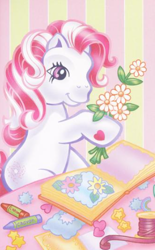 Size: 295x476 | Tagged: safe, derpibooru import, star swirl, earth pony, pony, g3, book, bouquet, crayons, female, flower, heart, heart hoof, official, sitting, solo, thread, underhoof