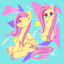 Size: 1280x1280 | Tagged: safe, artist:virgoberries, derpibooru import, fluttershy, pegasus, pony, abstract background, blush sticker, blushing, female, folded wings, head tilt, looking at you, mare, outline, profile, sitting, smiling, solo, wings