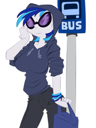 Size: 2121x2828 | Tagged: safe, artist:epic-panda17, artist:trollie trollenberg, derpibooru import, dj pon-3, vinyl scratch, human, 2011, breasts, bus stop, clothes, female, high res, hoodie, humanized, simple background, solo, transparent background, vinyl stacked