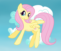 Size: 1280x1071 | Tagged: safe, artist:foxpocx, derpibooru import, fluttershy, pegasus, pony, aside glance, female, flying, head turned, looking at you, mare, outdoors, sky background, smiling, smiling at you, solo, spread wings, wings