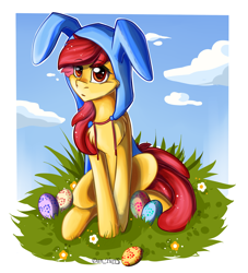 Size: 2000x2200 | Tagged: safe, artist:yuris, derpibooru import, apple bloom, earth pony, pony, clothes, cute, ears, easter, egg, female, flower, grass, happy easter, holiday, hood, lawn mower, orange eyes, red mane, solo, yellow skin