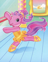 Size: 326x423 | Tagged: safe, artist:lyn fletcher, derpibooru import, skywishes, earth pony, pony, g3, ballet, ballet slippers, clothes, dancing, indoors, mirror, official, picture frame, ponytail, solo, tutu, yellow dress