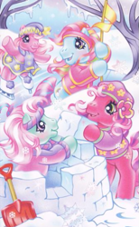 Size: 329x534 | Tagged: safe, artist:lyn fletcher, derpibooru import, cheerilee (g3), minty, pinkie pie (g3), rainbow dash (g3), earth pony, pony, g3, clothes, hat, official, outdoors, scarf, shovel, snow, snow fort, winter, winter outfit