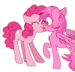 Size: 1077x1031 | Tagged: safe, artist:lucherik, derpibooru import, pinkie pie, rainbow dash, earth pony, pegasus, pony, blushing, chest fluff, duo, eyes closed, female, lesbian, licking, mare, partially open wings, pink rainbow dash, pinkiedash, raised hoof, raised leg, recolor, shipping, simple background, smiling, standing, tongue, tongue out, white background, wings